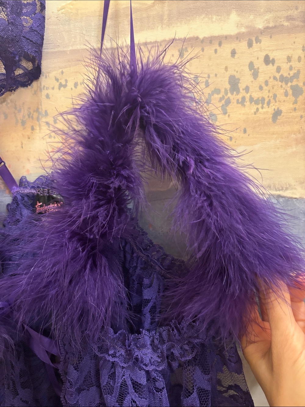 Frederick's of Hollywood Purple Lace Babydoll with Feather Trim - Picture 2 of 6
